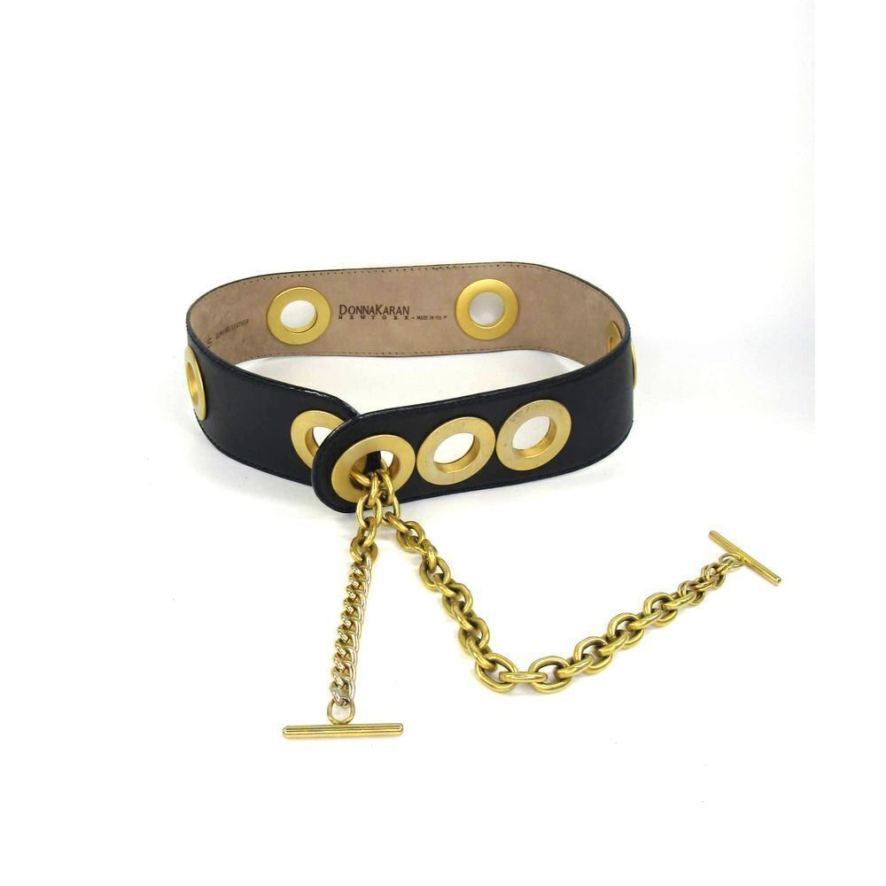 Donna Karan New York Vintage Blue Leather Grommet Belt Gold Chain Toggle R SZ S